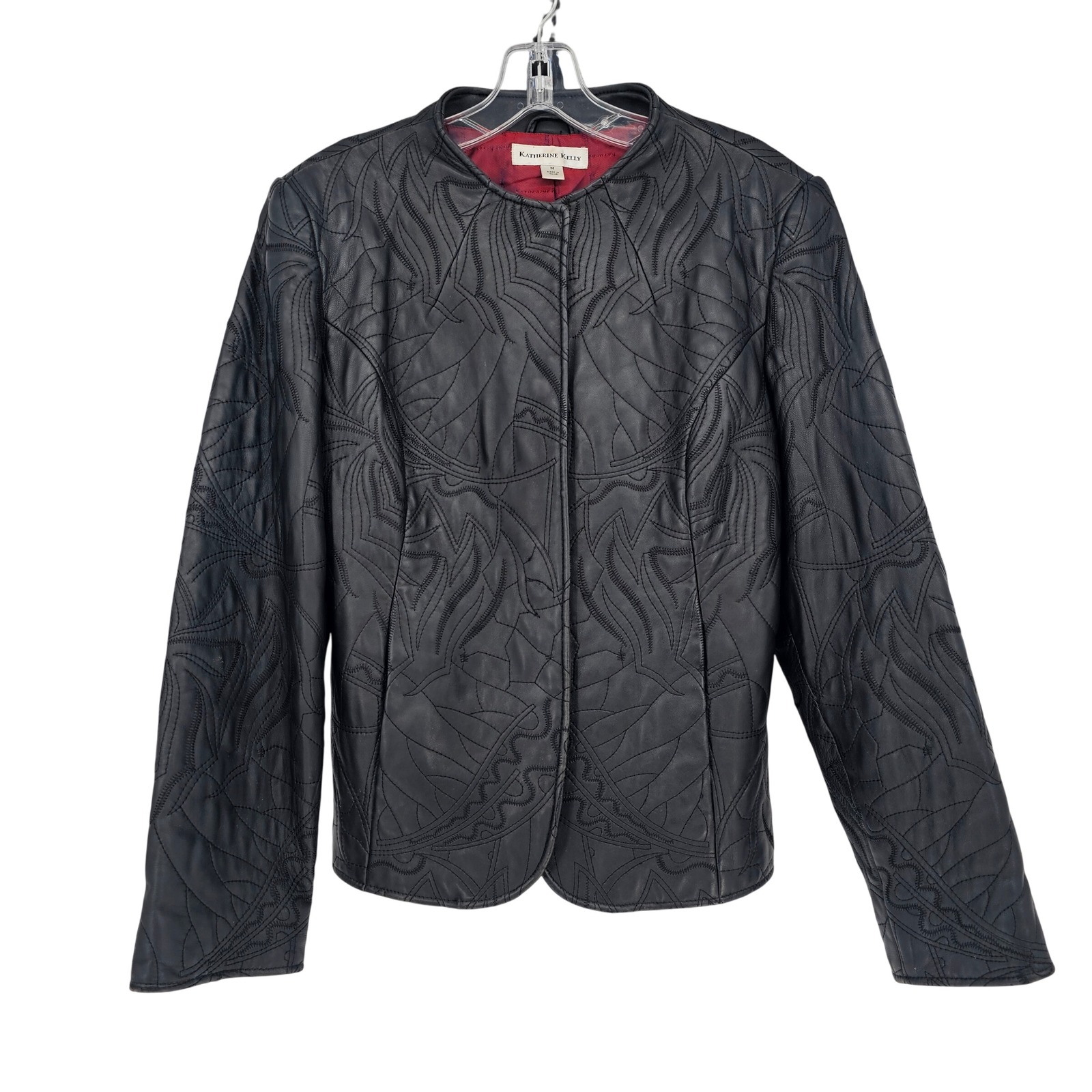 Katherine Kelly Lambskin Leather Quilted Embroidered Jacket M Black Chic Baddie